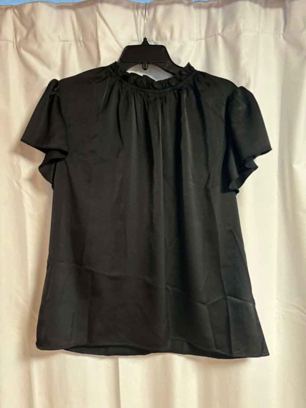 Silk Satin Top Ruffle Mock Neck Short Sleeve PRETTY GARDEN Blouse Size L